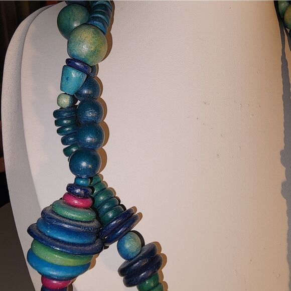 Blue and Green Wooden Beaded Necklaces with Textured Designs NWOT - Picture 7 of 10